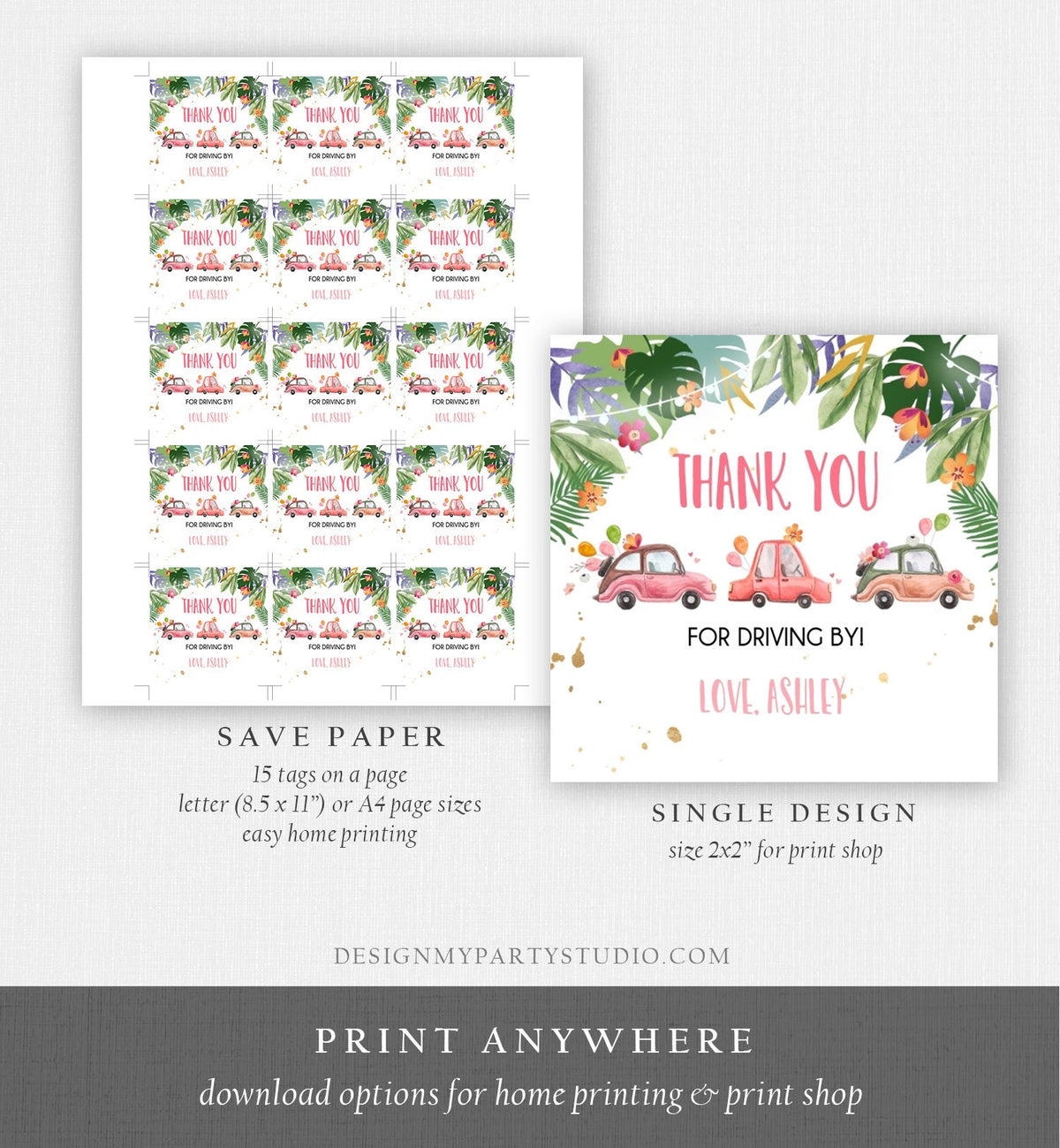 Editable Drive By Favor Tag Thank You Driving By Baby Shower Birthday Parade Gift Tags Quarantine Pink Tropical Car Girl Corjl Template 0335