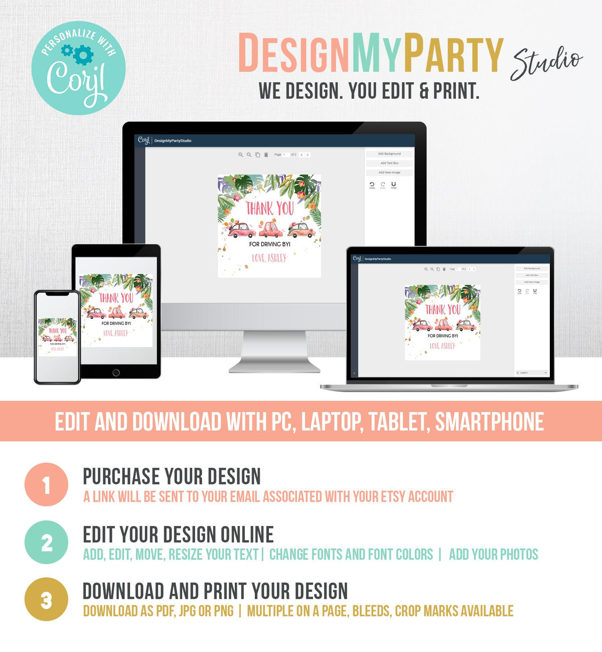 Editable Drive By Favor Tag Thank You Driving By Baby Shower Birthday Parade Gift Tags Quarantine Pink Tropical Car Girl Corjl Template 0335