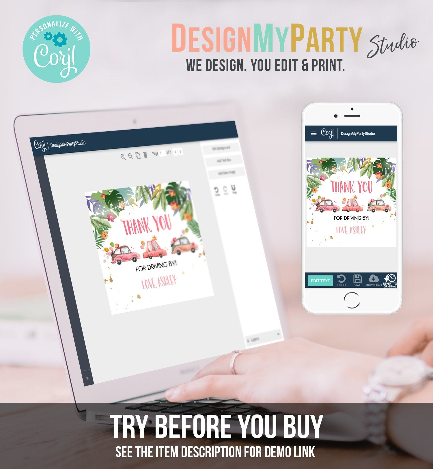 Editable Drive By Favor Tag Thank You Driving By Baby Shower Birthday Parade Gift Tags Quarantine Pink Tropical Car Girl Corjl Template 0335