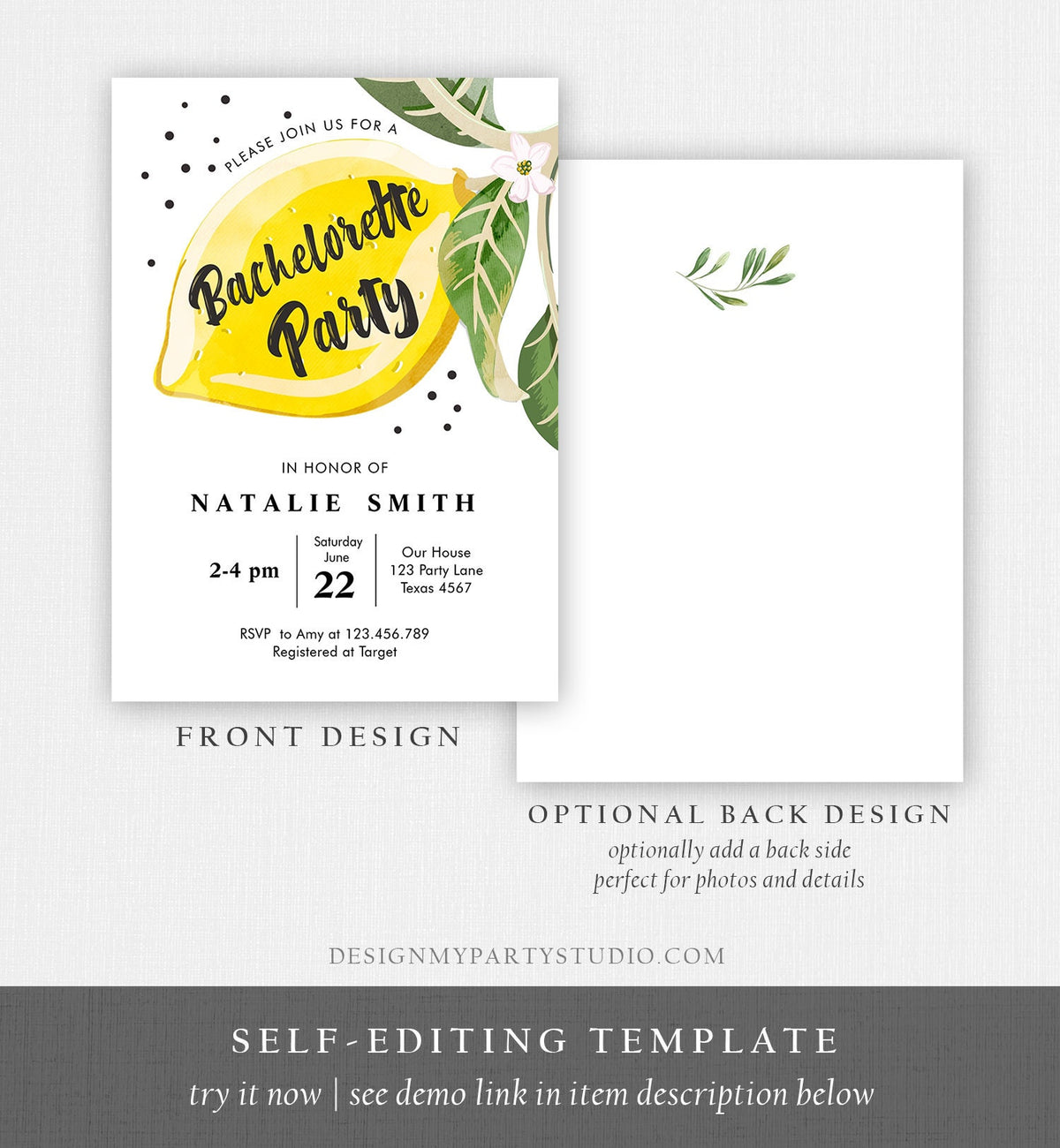 Editable Lemon Bachelorette Party Invitation Bohemian Citrus Rustic Greenery Summer Shower Lemonade Download Corjl Template Printable 0307