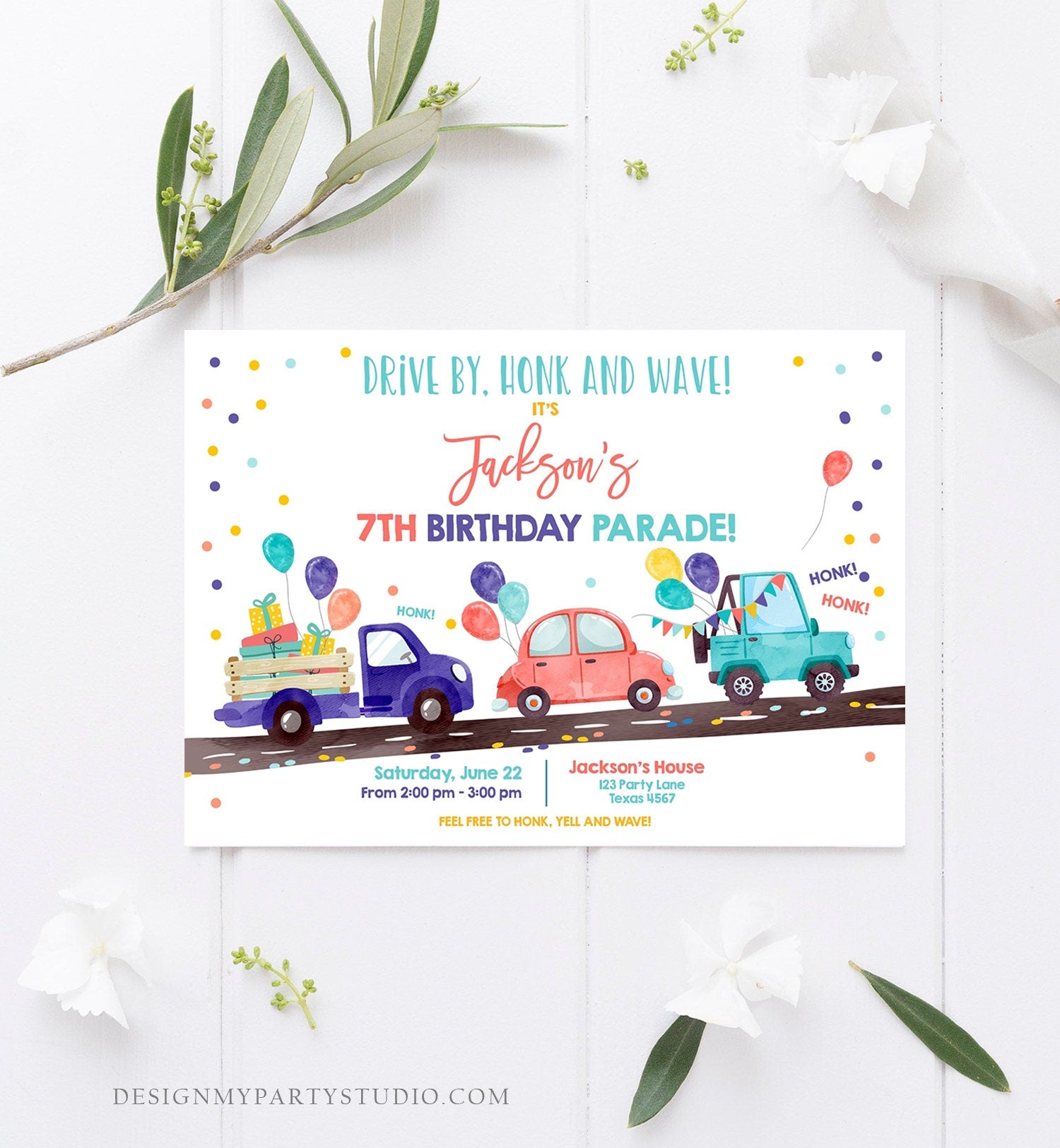 Editable Drive By Birthday Parade Invitation Virtual Party Invite Honk Wave Car Boy Neutral Girl Coed Twin Download Digital Corjl 0333