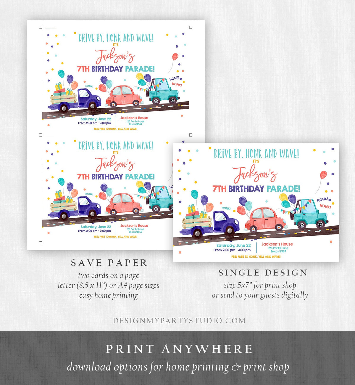 Editable Drive By Birthday Parade Invitation Virtual Party Invite Honk Wave Car Boy Neutral Girl Coed Twin Download Digital Corjl 0333