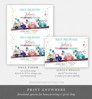 Editable Drive By Birthday Parade Invitation Virtual Party Invite Honk Wave Car Boy Neutral Girl Coed Twin Download Digital Corjl 0333