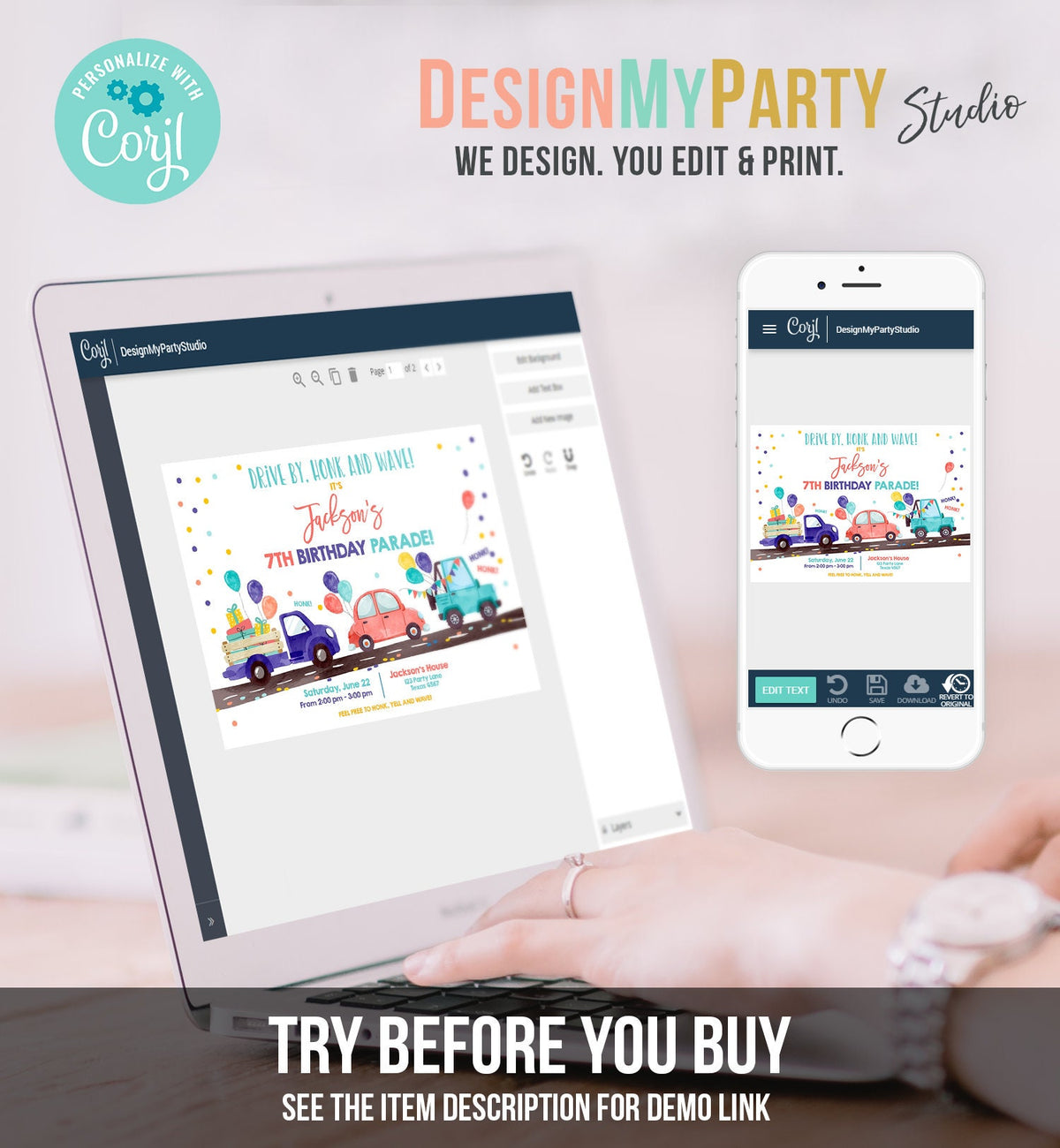 Editable Drive By Birthday Parade Invitation Virtual Party Invite Honk Wave Car Boy Neutral Girl Coed Twin Download Digital Corjl 0333