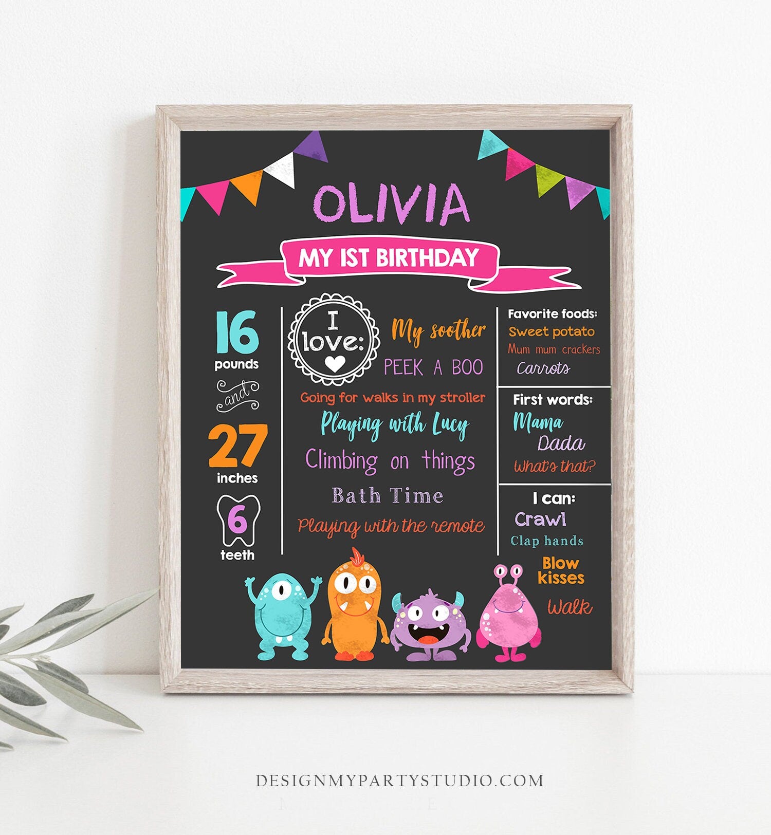 Editable Little Monsters Birthday Milestones Sign First Birthday Monster Decor 1st Party Girl Pink Download Template Printable Corjl 0058