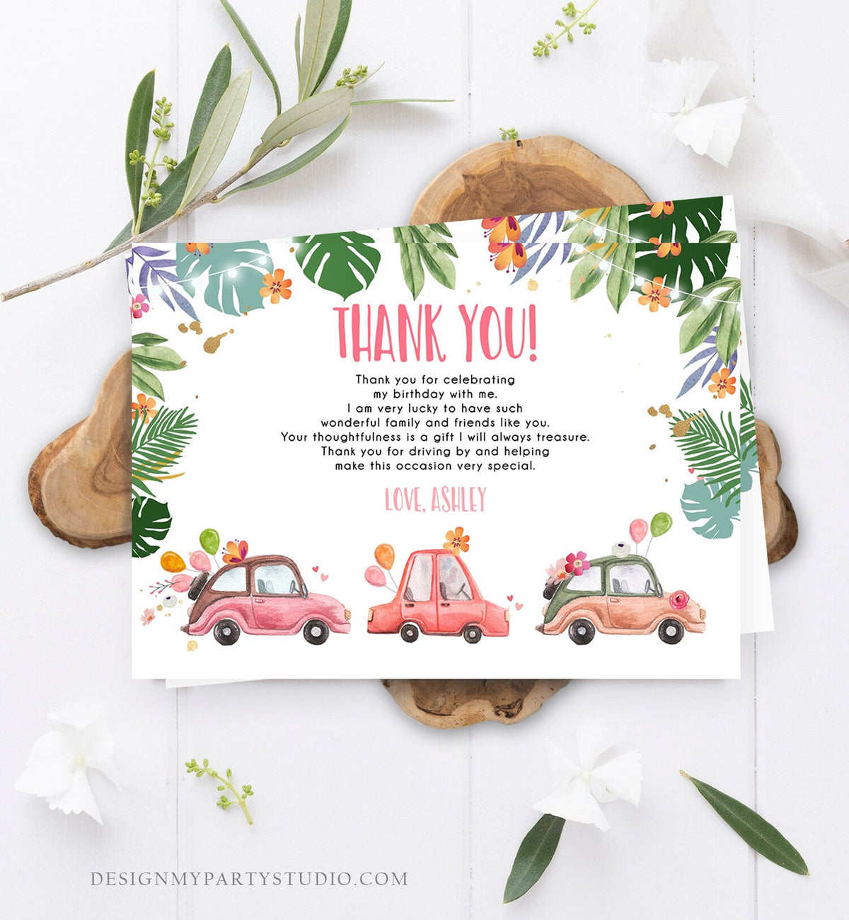 Editable Drive By Birthday Parade Thank You Card Virtual Party Tropical Woman Car Girl Pink Quarantine Instant Download Digital Corjl 0335