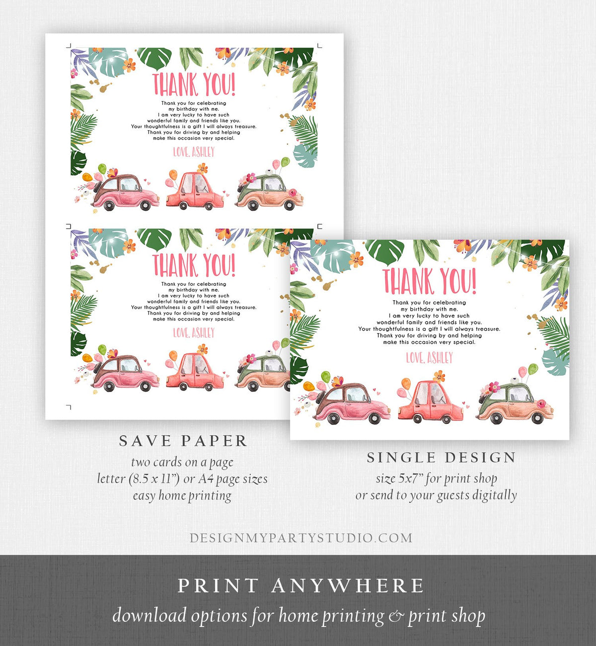 Editable Drive By Birthday Parade Thank You Card Virtual Party Tropical Woman Car Girl Pink Quarantine Instant Download Digital Corjl 0335