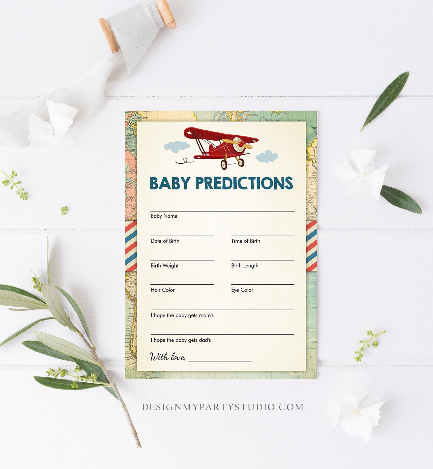 Editable Baby Predictions Game Card Shower Activity Red Airplane Vintage Travel Adventure Baby Shower Game Corjl Template Printable 0011