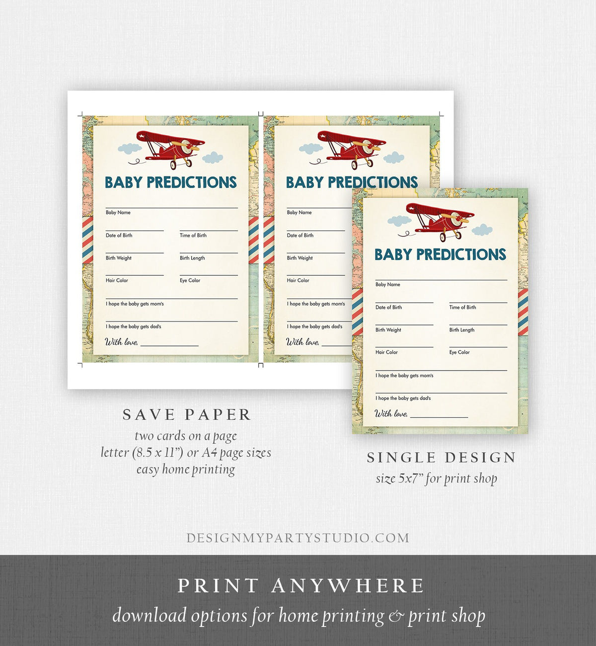Editable Baby Predictions Game Card Shower Activity Red Airplane Vintage Travel Adventure Baby Shower Game Corjl Template Printable 0011