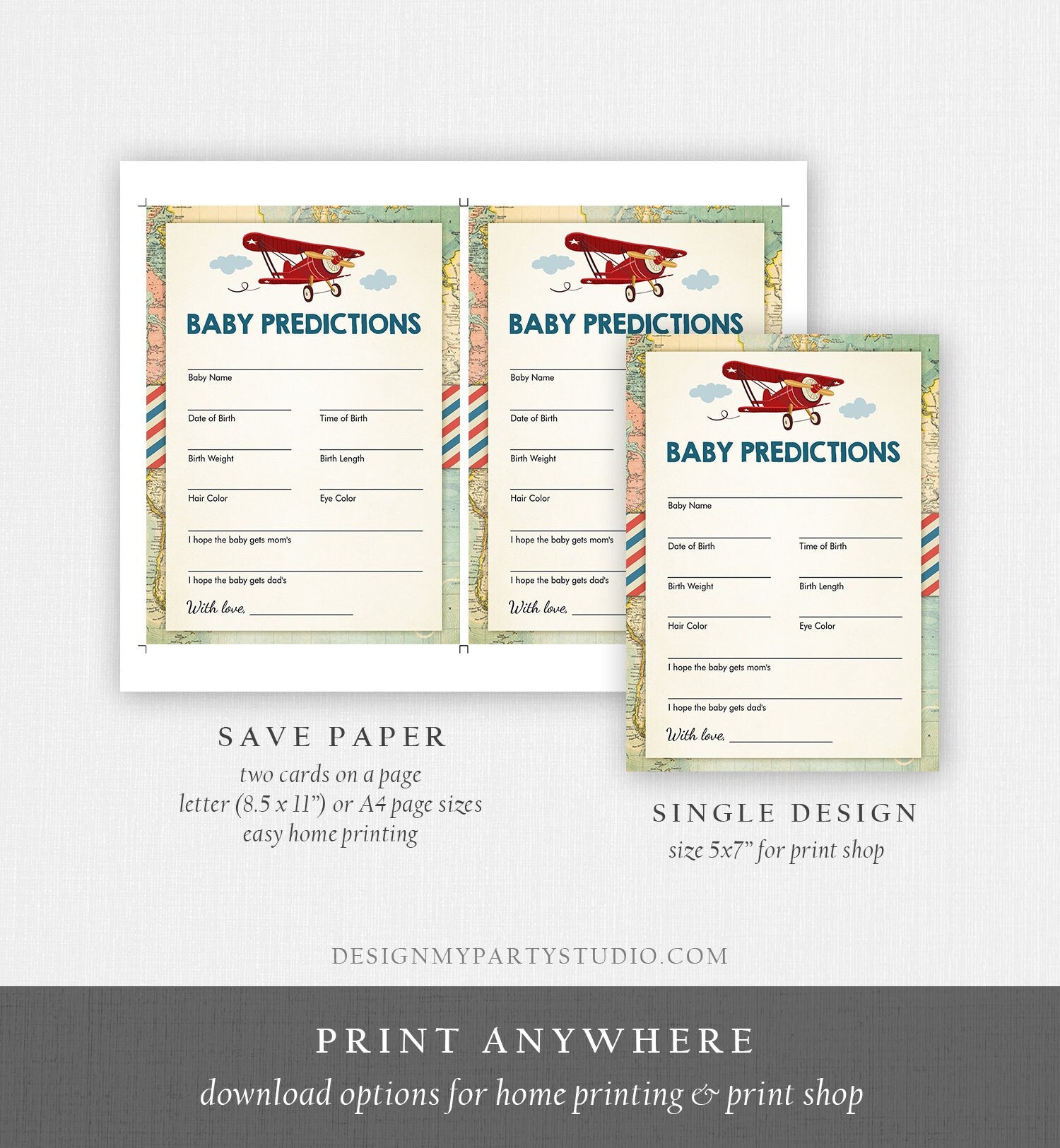 Editable Baby Predictions Game Card Shower Activity Red Airplane Vintage Travel Adventure Baby Shower Game Corjl Template Printable 0011
