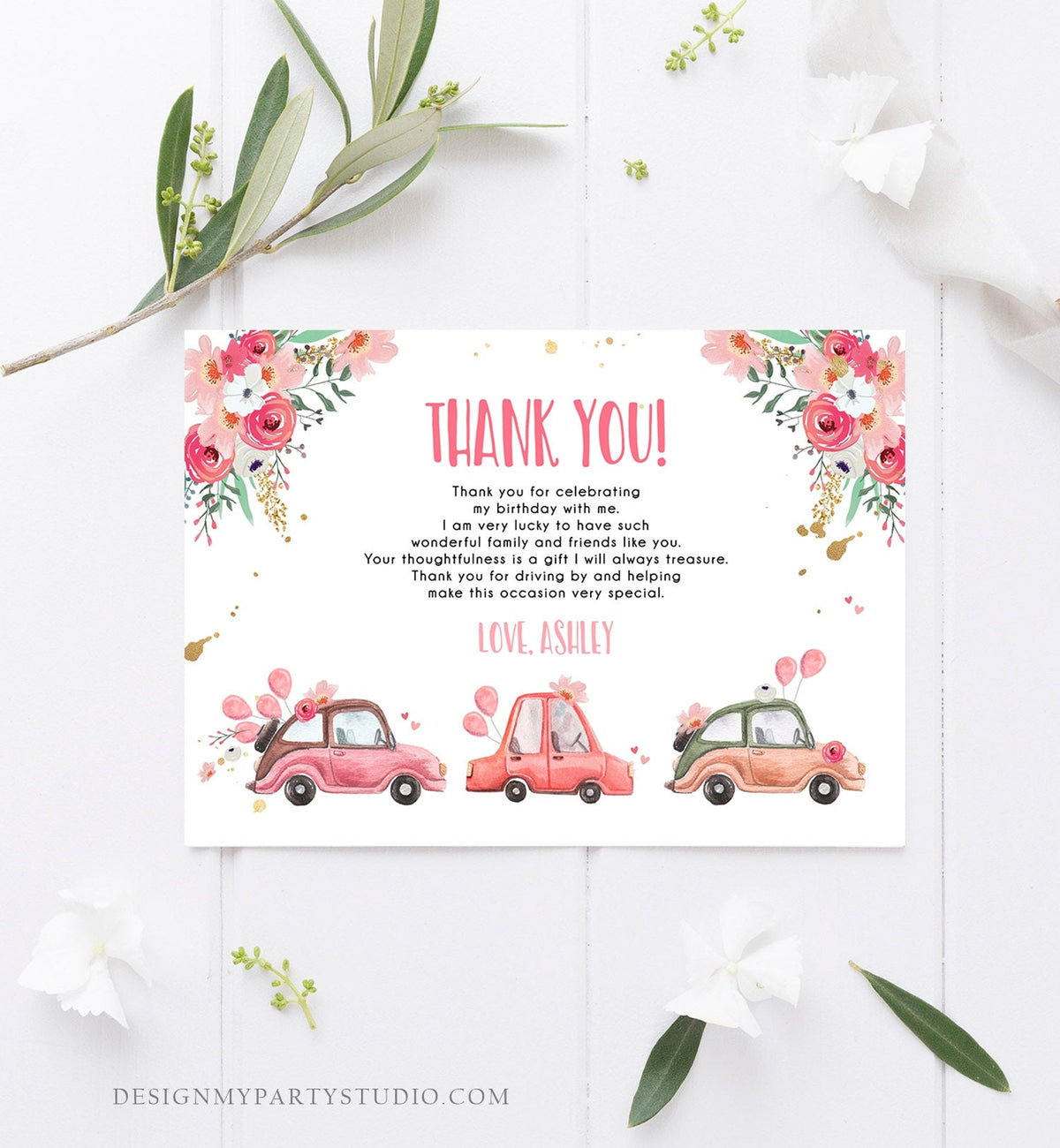 Editable Drive By Birthday Parade Thank You Card Virtual Party Tropical Woman Car Girl Pink Quarantine Instant Download Digital Corjl 0335