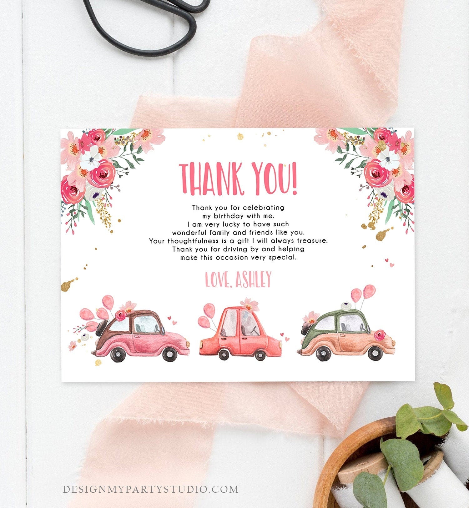 Editable Drive By Birthday Parade Thank You Card Virtual Party Tropical Woman Car Girl Pink Quarantine Instant Download Digital Corjl 0335