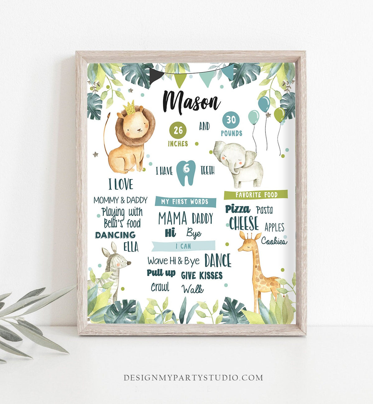 Editable Safari Animals Birthday Milestones Sign Green and Gold Boy Birthday Zoo Jungle 1st Birthday Download Template Printable Corjl 0163