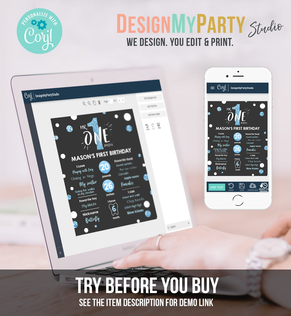 Editable Mr Onederful Birthday Milestones Sign Black Blue Chalk Boy First Birthday Confetti 1st Party Download Corjl Template Printable 0072