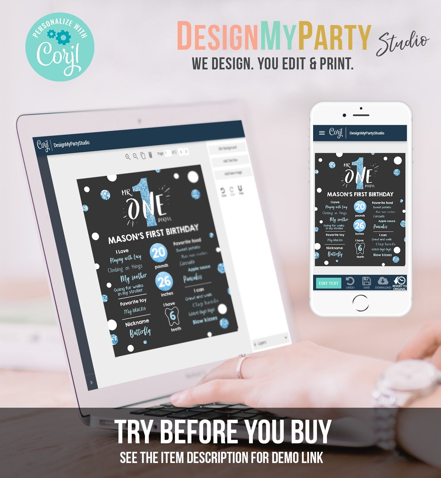 Editable Mr Onederful Birthday Milestones Sign Black Blue Chalk Boy First Birthday Confetti 1st Party Download Corjl Template Printable 0072