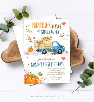 Editable Pumpkin Birthday Invitation Boy Fall Boy Pumpkin Truck Birthday Party Blue Orange Download Printable Invitation Corjl Template 0153