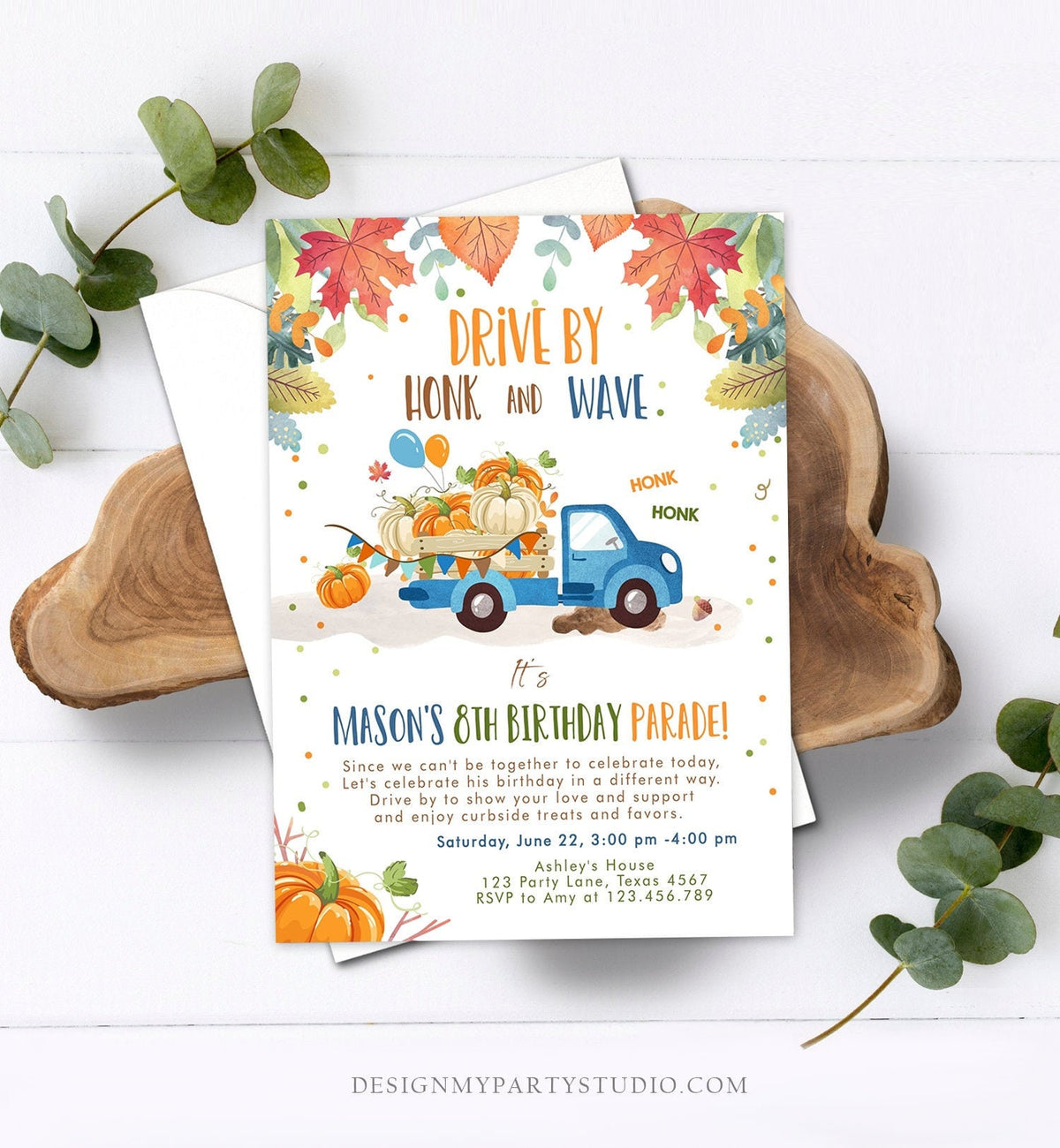 Editable Pumpkin Truck Drive By Birthday Parade Invitation Virtual Party Invite Honk Car Quarantine Fall Instant Download Digital Corjl 0153