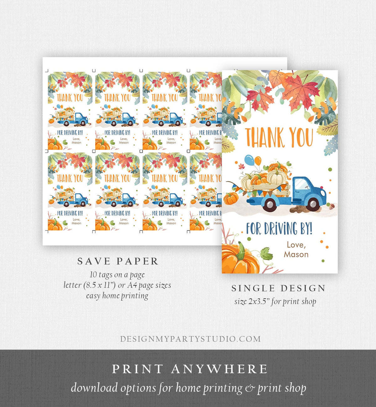 Editable Pumpkin Truck Favor Tag Drive By Birthday Favors Party Parade Fall Thank You Gift Tags Boy Blue Corjl Template Printable 0153