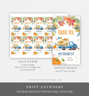 Editable Pumpkin Truck Favor Tag Drive By Birthday Favors Party Parade Fall Thank You Gift Tags Boy Blue Corjl Template Printable 0153