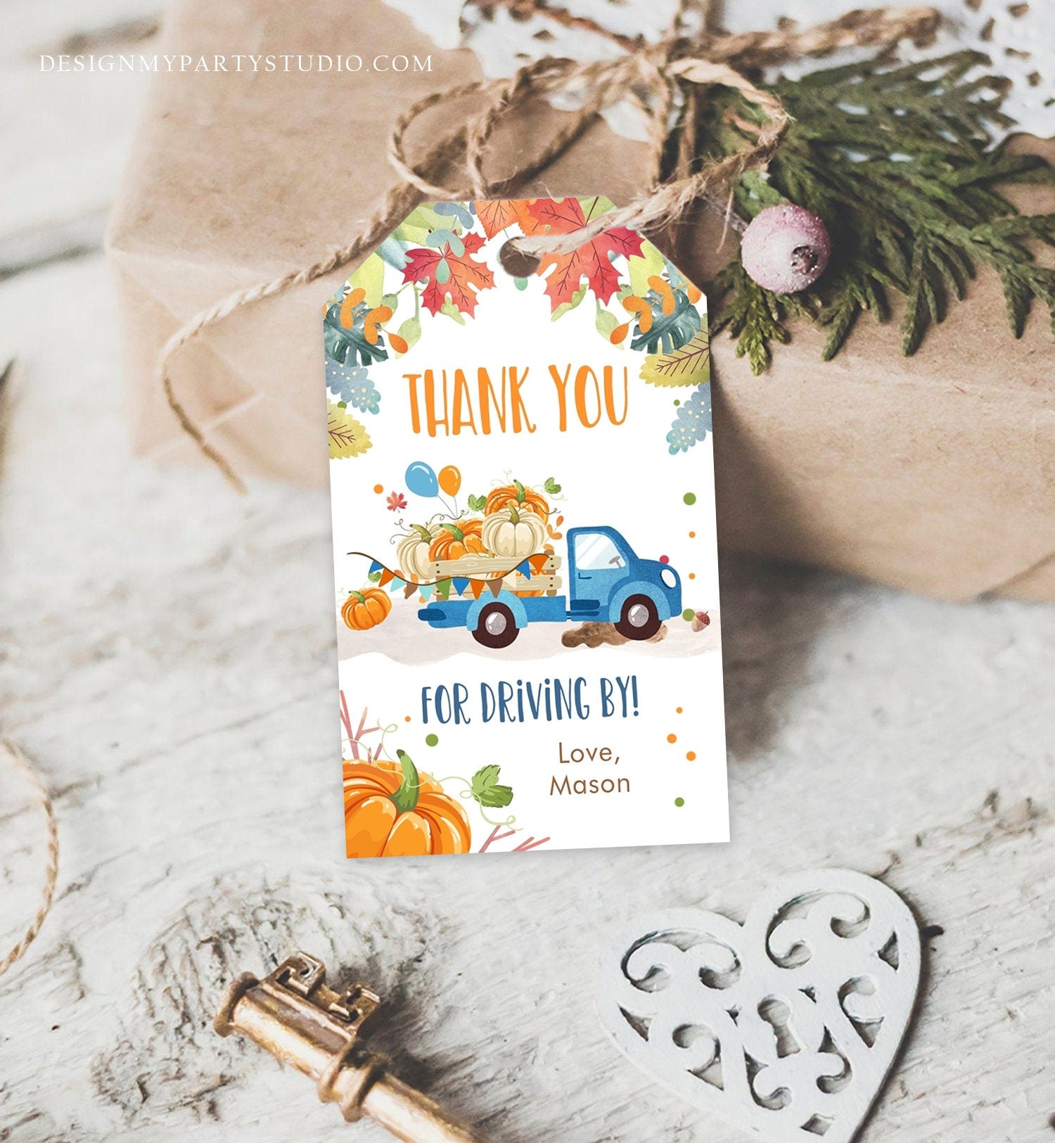 Editable Pumpkin Truck Favor Tag Drive By Birthday Favors Party Parade Fall Thank You Gift Tags Boy Blue Corjl Template Printable 0153