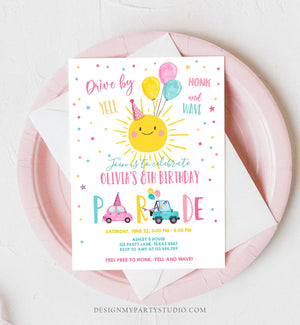 Editable Sunshine Drive By Birthday Parade Invitation Virtual Party Invite Honk Wave Car Girl Pink Quarantine Download Digital Corjl 0141