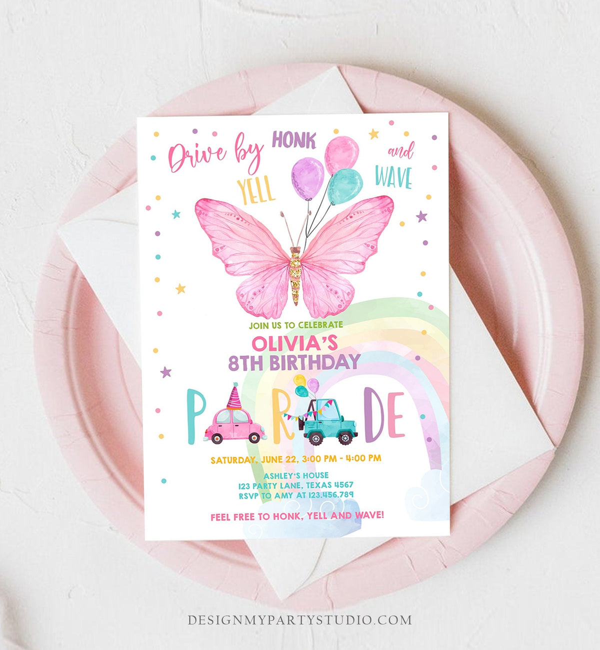 Editable Butterfly Drive By Birthday Parade Invitation Virtual Party Invite Honk Wave Car Girl Pink Quarantine Download Digital Corjl 0162