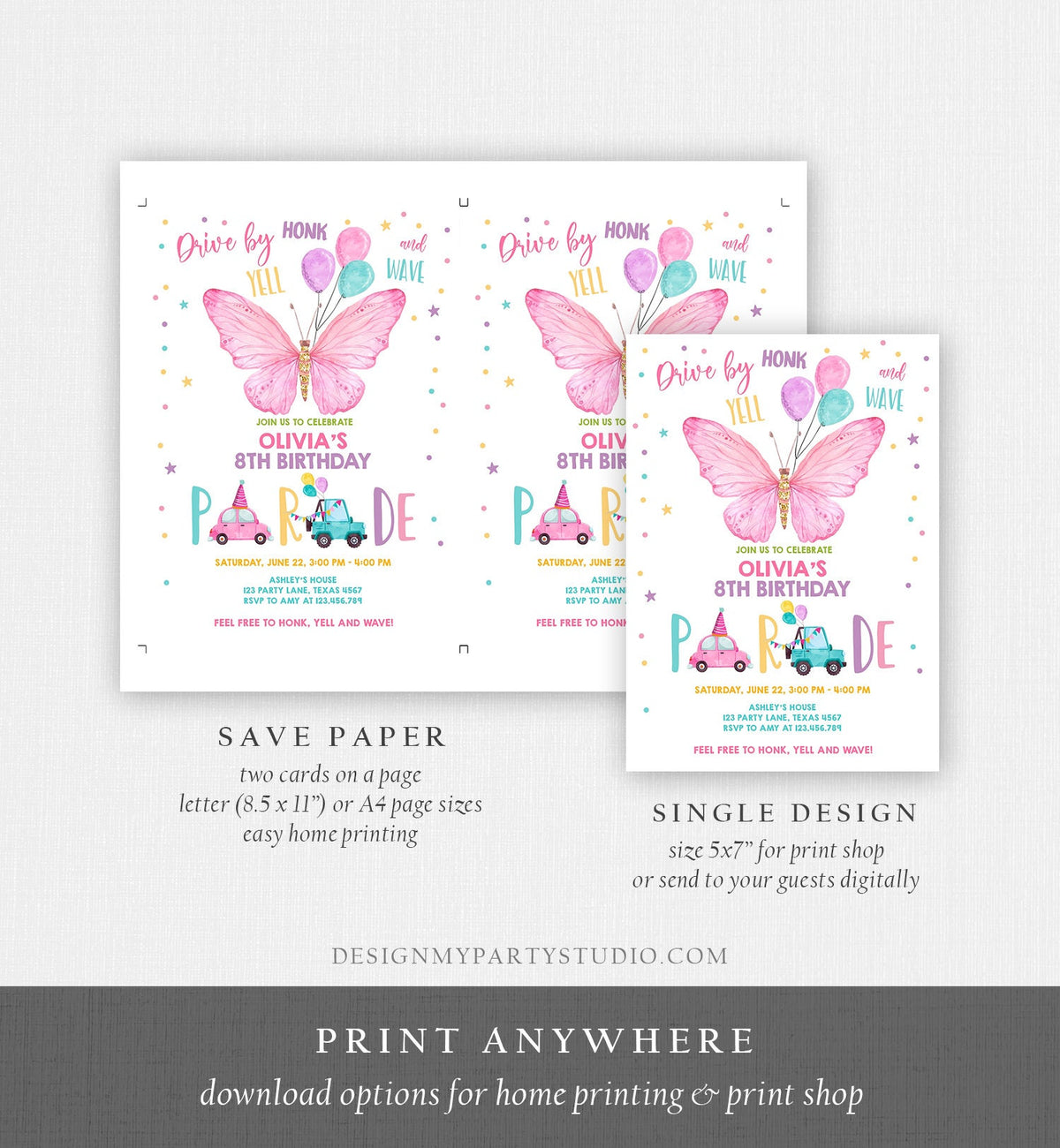 Editable Butterfly Drive By Birthday Parade Invitation Virtual Party Invite Honk Wave Car Girl Pink Quarantine Download Digital Corjl 0162