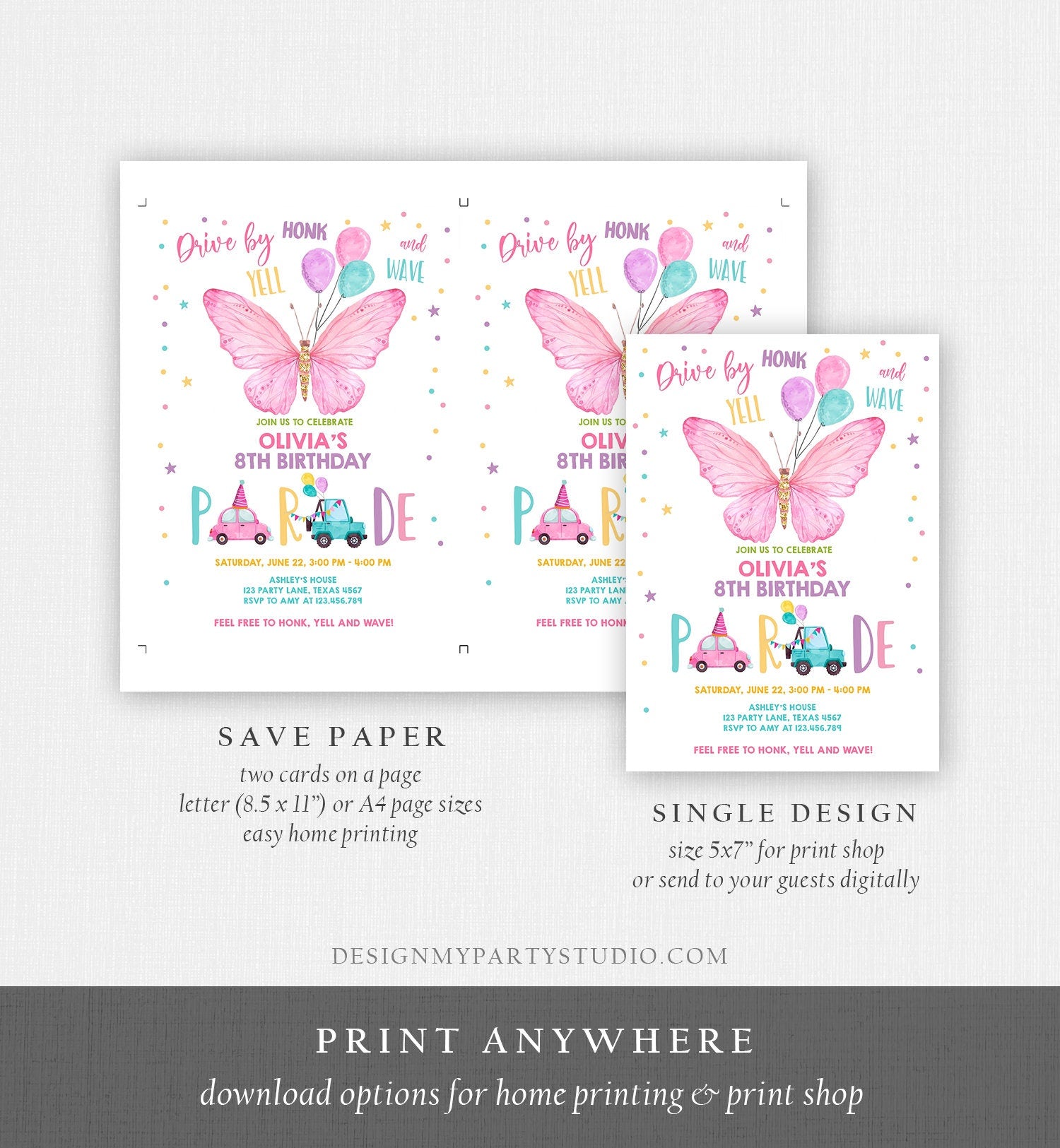 Editable Butterfly Drive By Birthday Parade Invitation Virtual Party Invite Honk Wave Car Girl Pink Quarantine Download Digital Corjl 0162