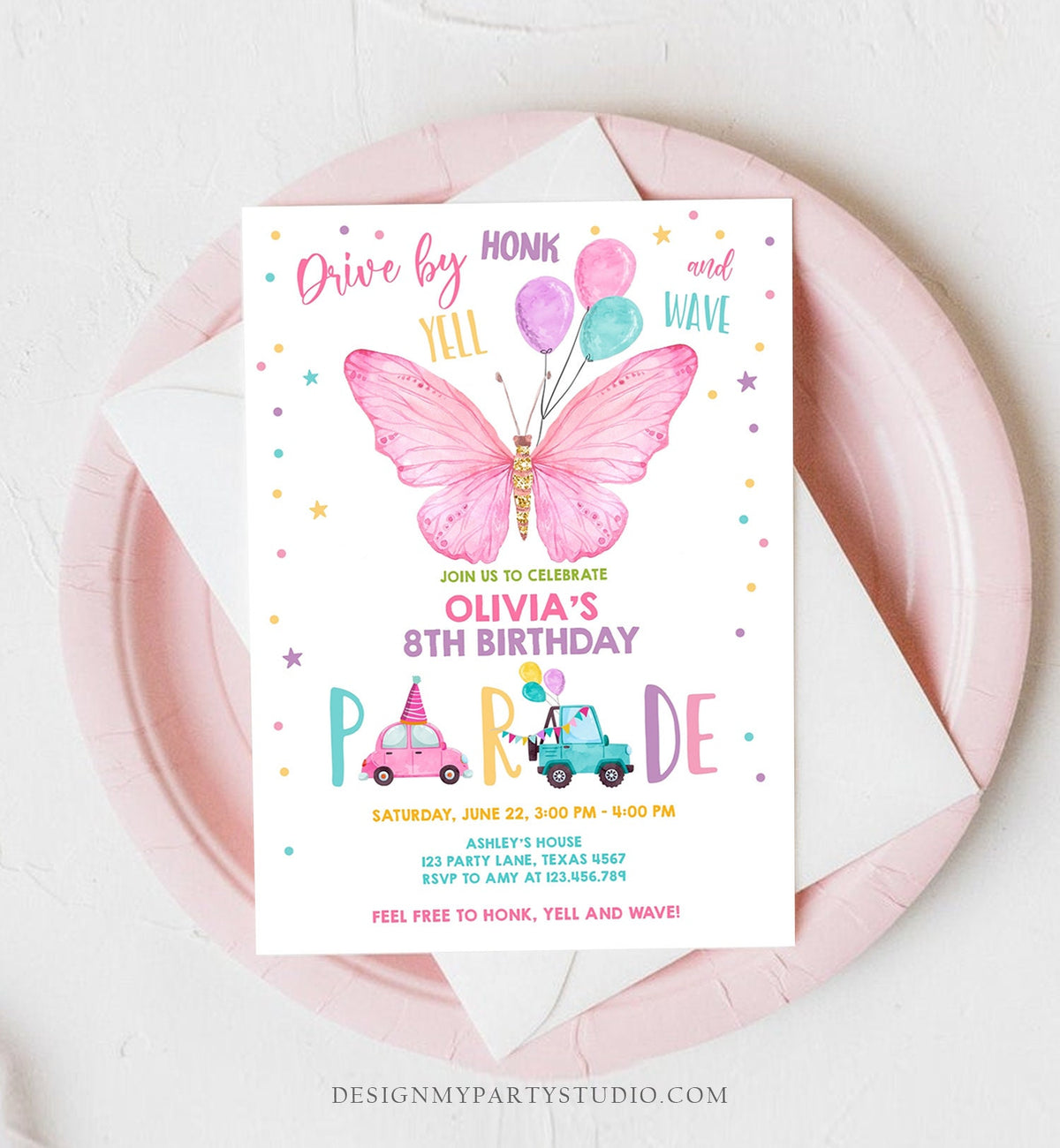 Editable Butterfly Drive By Birthday Parade Invitation Virtual Party Invite Honk Wave Car Girl Pink Quarantine Download Digital Corjl 0162