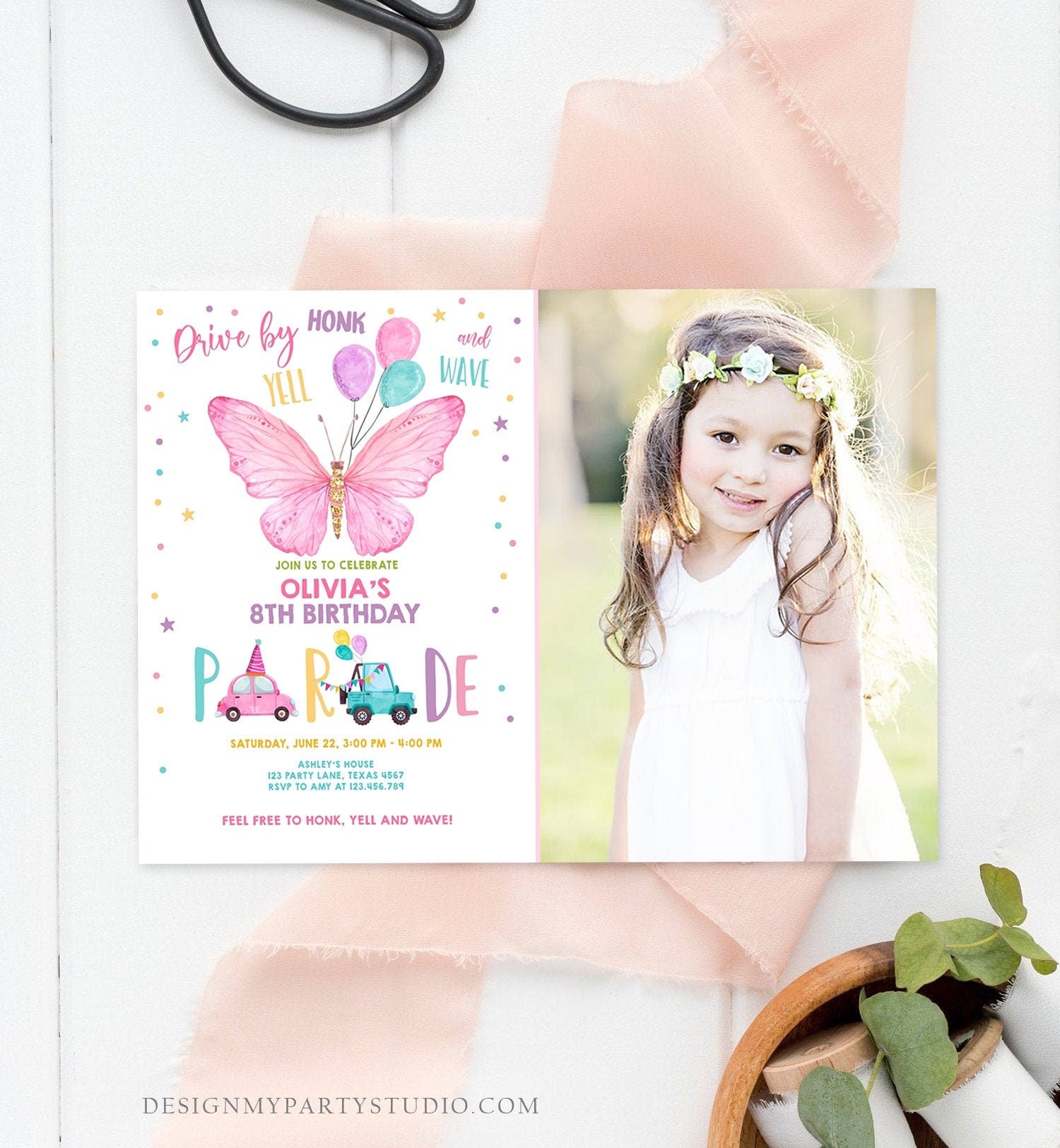 Editable Butterfly Drive By Birthday Parade Invitation Virtual Party Invite Honk Wave Car Girl Pink Quarantine Download Digital Corjl 0162