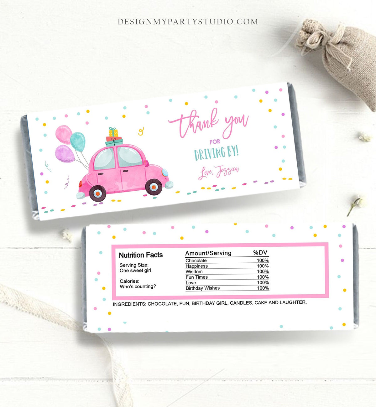 Editable Candy Bar Wrapper Drive By Birthday Candy Bar Wrapper Drive By Favors Party Parade Girl Pink Car Thank You PRINTABLE Corjl 0333
