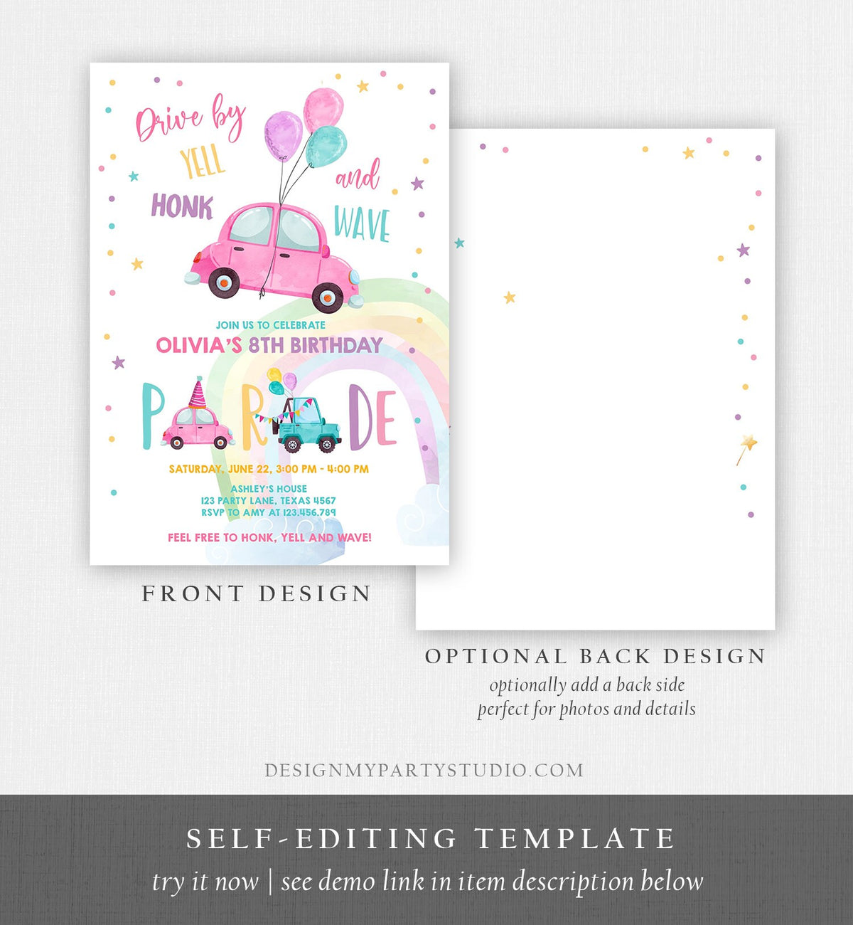 Editable Drive By Birthday Parade Invitation Balloons Rainbow Party Honk Wave Car Girl Pink Drive Through Download Corjl Template 0333