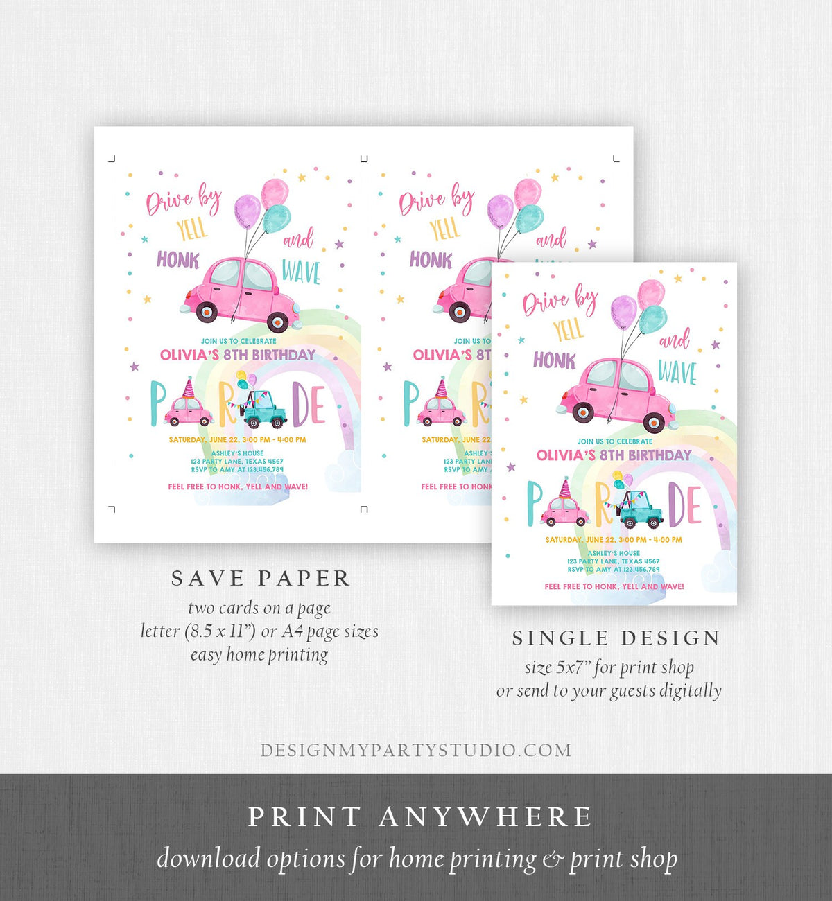 Editable Drive By Birthday Parade Invitation Balloons Rainbow Party Honk Wave Car Girl Pink Drive Through Download Corjl Template 0333