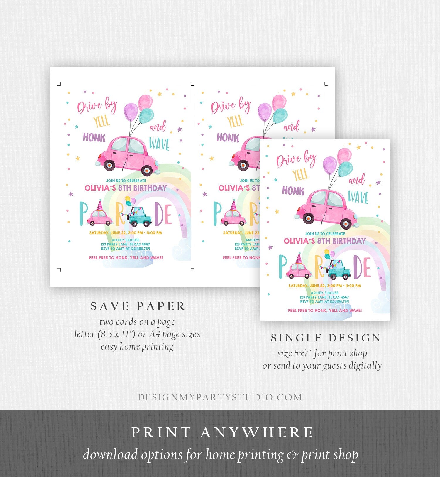 Editable Drive By Birthday Parade Invitation Balloons Rainbow Party Honk Wave Car Girl Pink Drive Through Download Corjl Template 0333