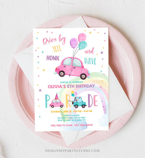 Editable Drive By Birthday Parade Invitation Balloons Rainbow Party Honk Wave Car Girl Pink Drive Through Download Corjl Template 0333