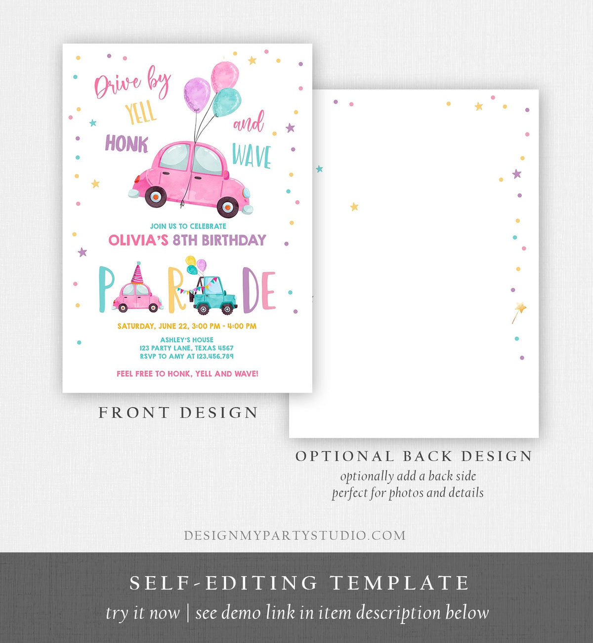 Editable Drive By Birthday Parade Invitation Balloons Rainbow Party Honk Wave Car Girl Pink Drive Through Download Corjl Template 0333