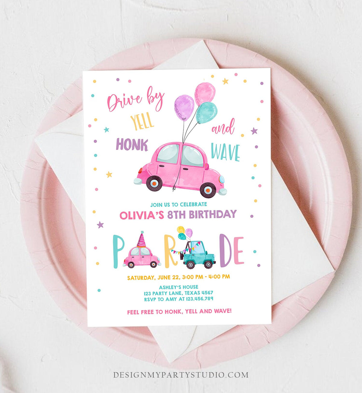 Editable Drive By Birthday Parade Invitation Balloons Rainbow Party Honk Wave Car Girl Pink Drive Through Download Corjl Template 0333