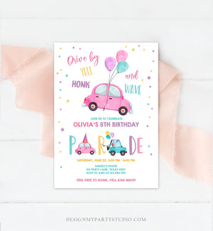 Editable Drive By Birthday Parade Invitation Balloons Rainbow Party Honk Wave Car Girl Pink Drive Through Download Corjl Template 0333