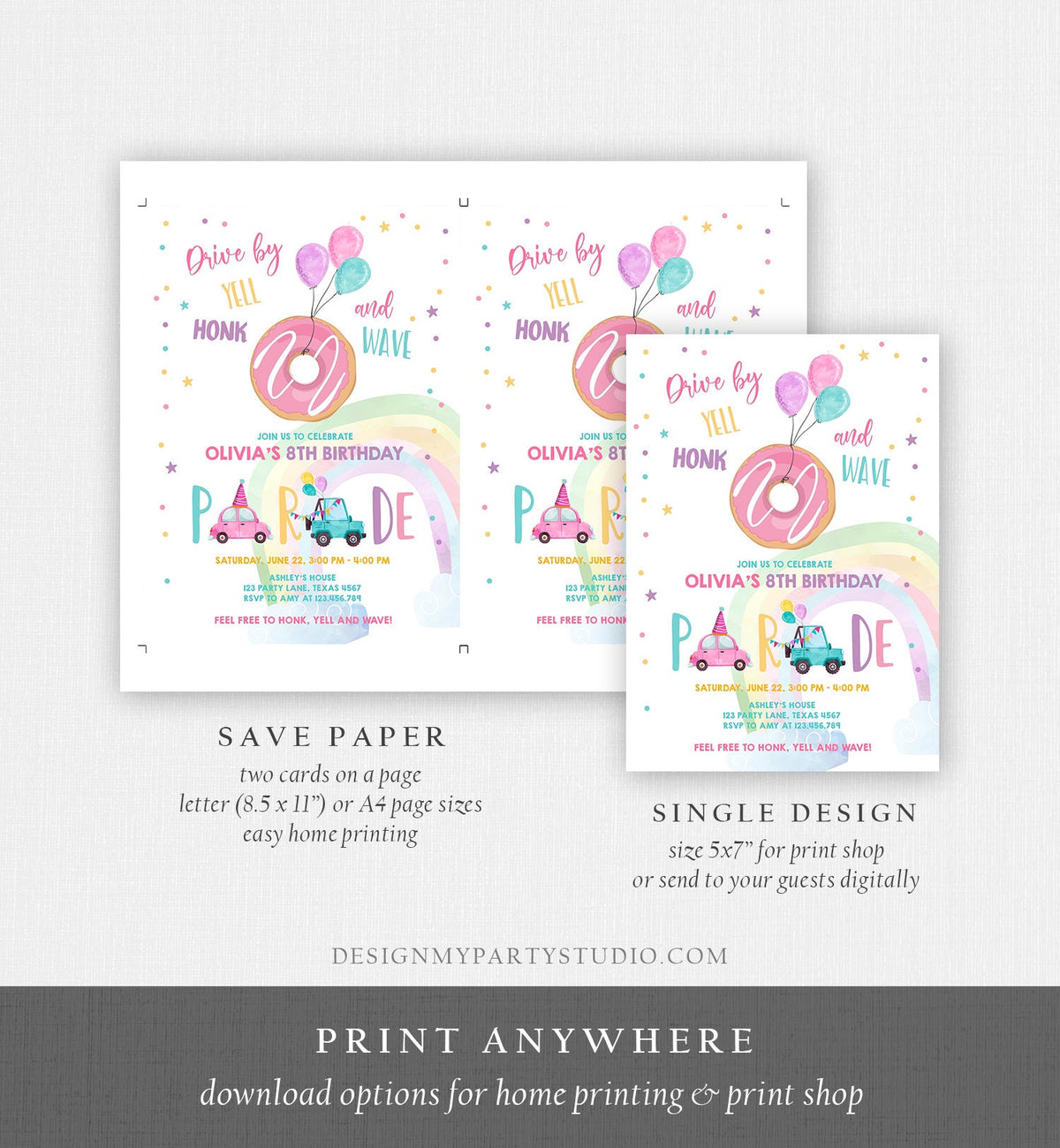 Editable Drive By Donut Birthday Parade Invitation Balloons Rainbow Party Honk Wave Car Girl Pink Drive Through Download Corjl Template 0343