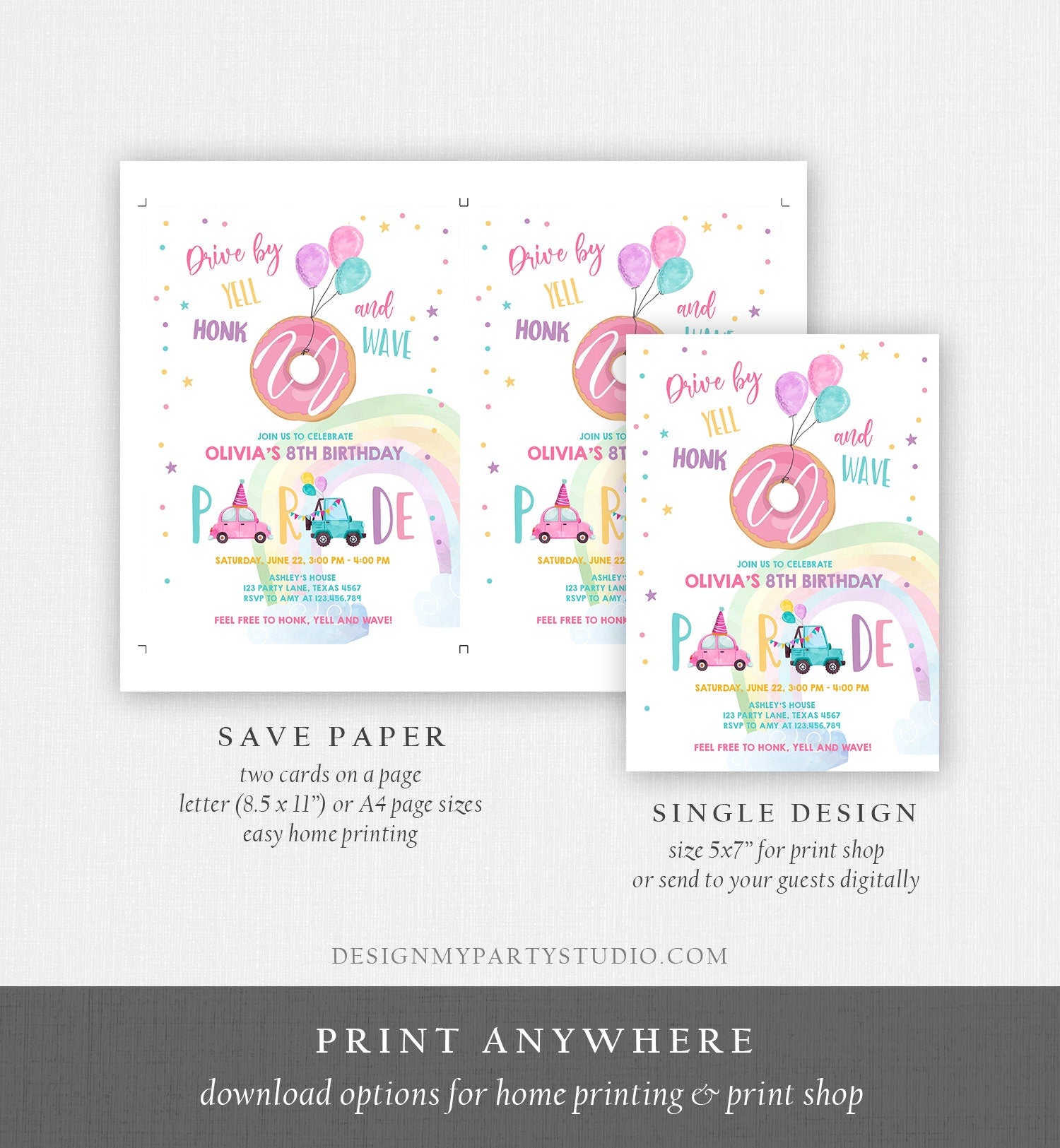 Editable Drive By Donut Birthday Parade Invitation Balloons Rainbow Party Honk Wave Car Girl Pink Drive Through Download Corjl Template 0343