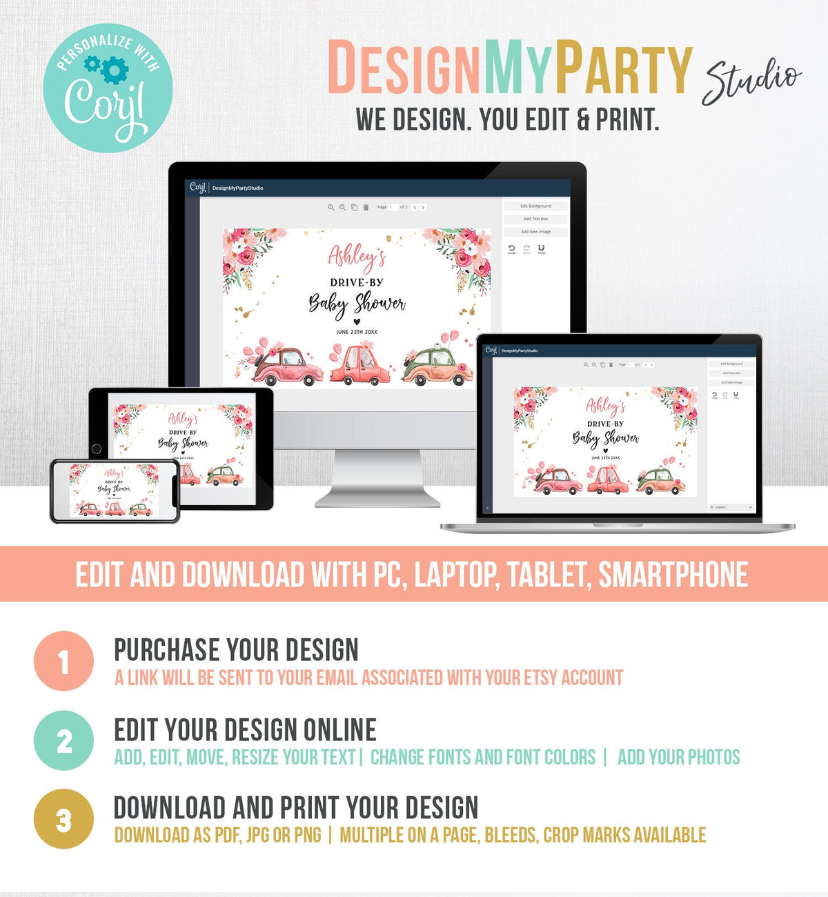 Editable Drive By Baby Shower Sign Welcome Pink Gold Floral Girl Couples Quarantine Party Drive Through Parade Yard Sign Corjl Template 0335