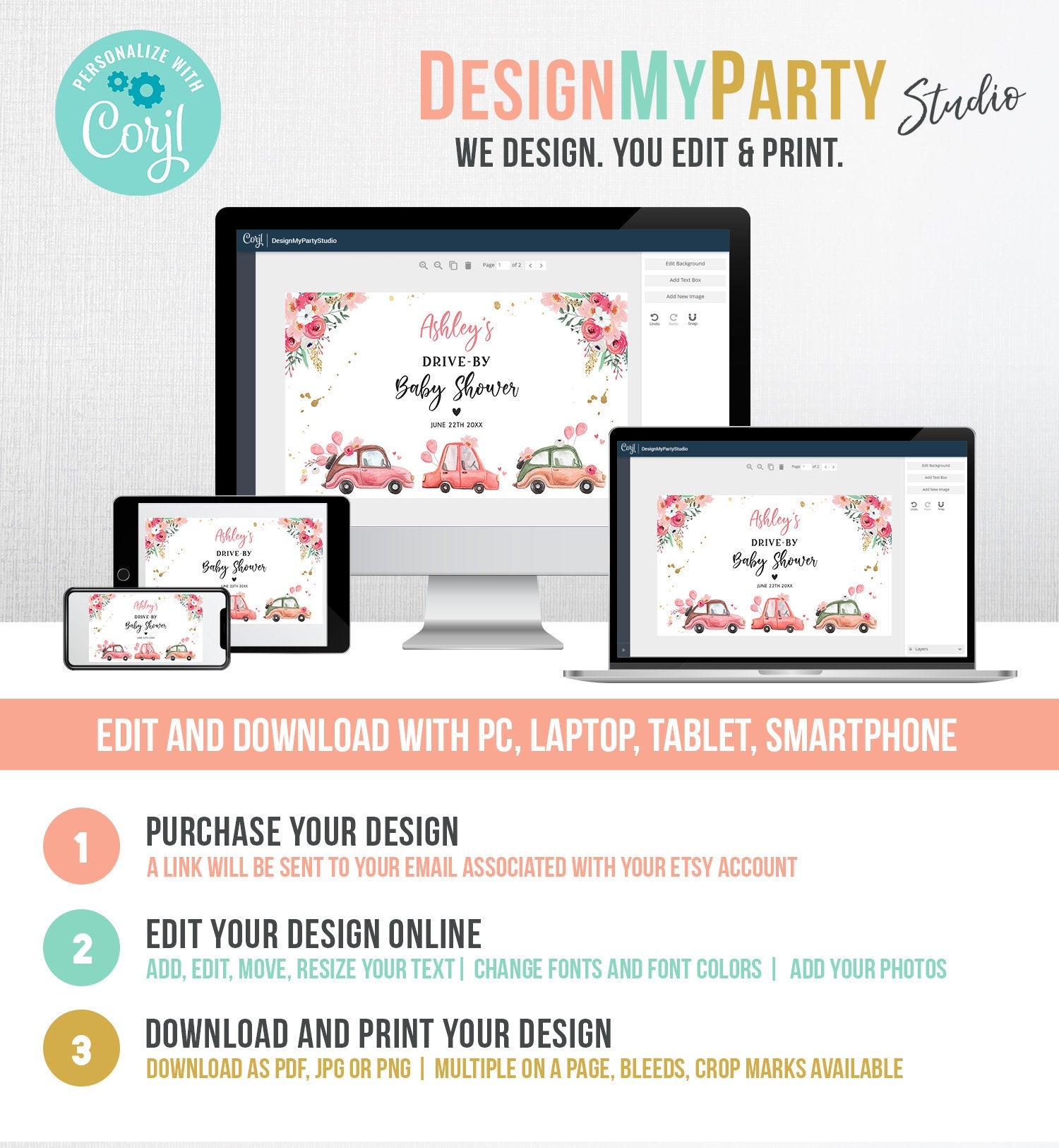 Editable Drive By Baby Shower Sign Welcome Pink Gold Floral Girl Couples Quarantine Party Drive Through Parade Yard Sign Corjl Template 0335