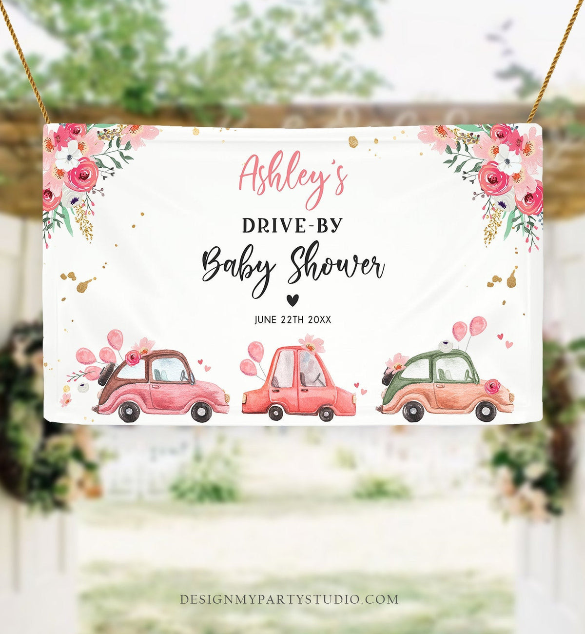 Editable Drive By Baby Shower Sign Welcome Pink Gold Floral Girl Couples Quarantine Party Drive Through Parade Yard Sign Corjl Template 0335
