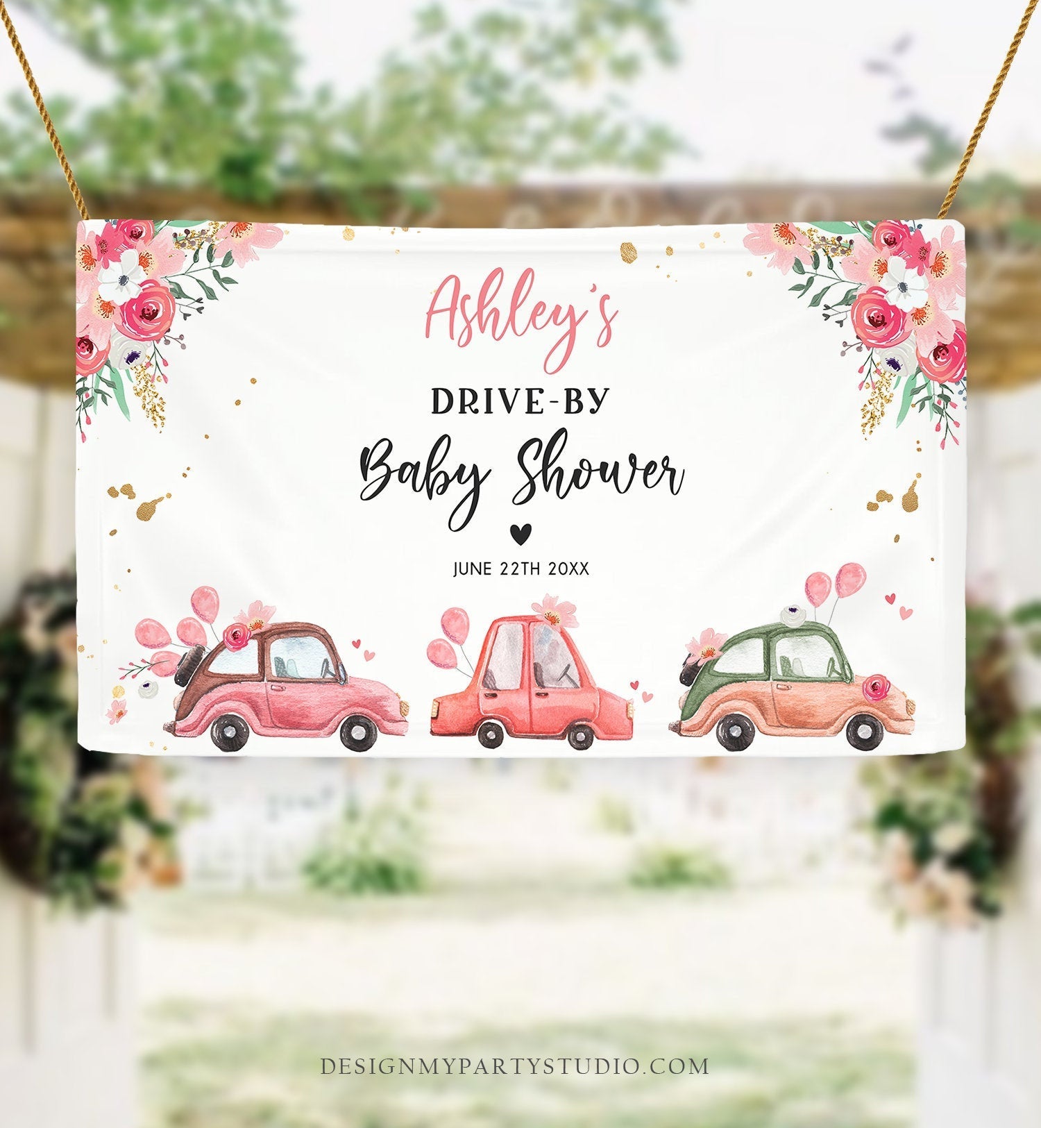 Editable Drive By Baby Shower Sign Welcome Pink Gold Floral Girl Couples Quarantine Party Drive Through Parade Yard Sign Corjl Template 0335