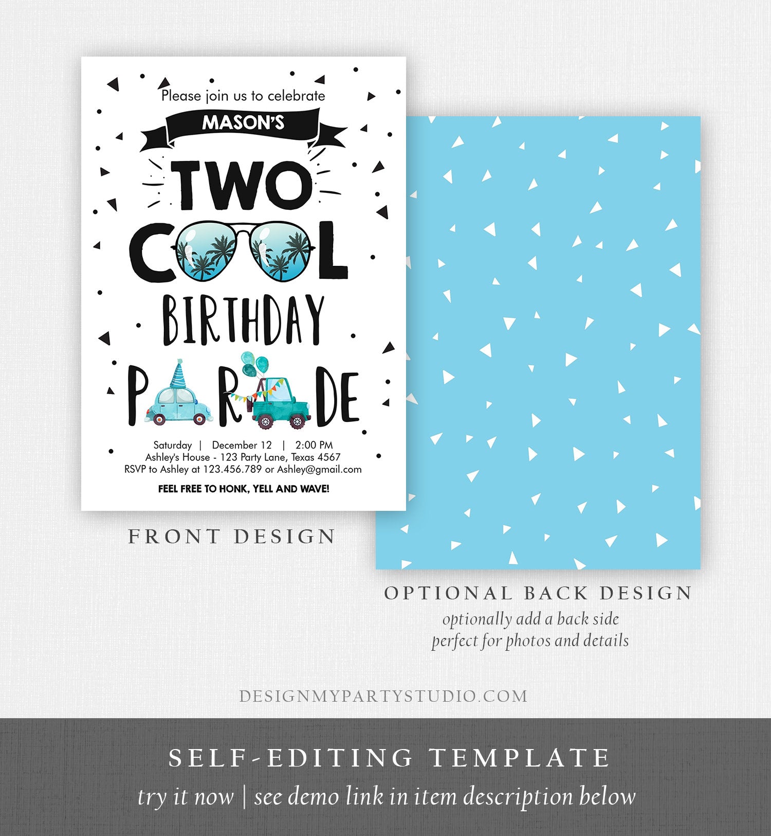 Editable Drive By Birthday Parade Invitation 2nd Birthday Two Cool Invite Honk Wave Car Boy Blue Second Instant Download Digital Corjl 0136