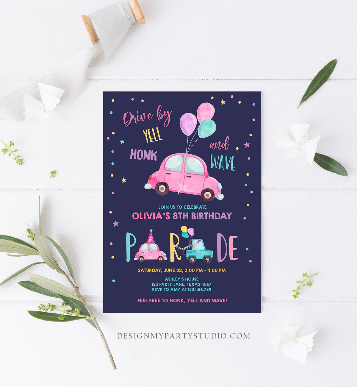 Editable Drive By Birthday Parade Invitation Balloons Rainbow Party Honk Wave Car Girl Pink Drive Through Download Corjl Template 0333