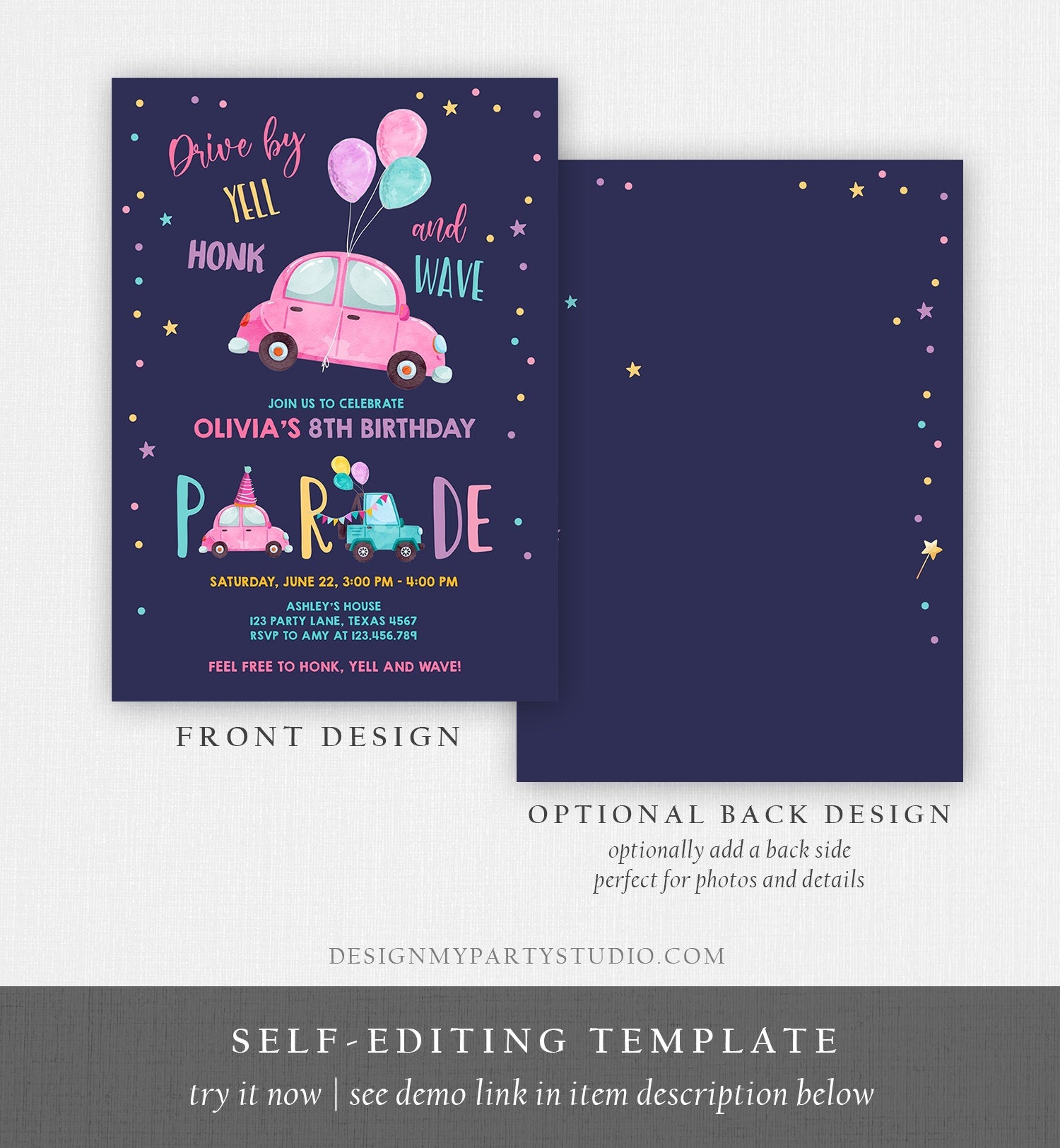 Editable Drive By Birthday Parade Invitation Balloons Rainbow Party Honk Wave Car Girl Pink Drive Through Download Corjl Template 0333