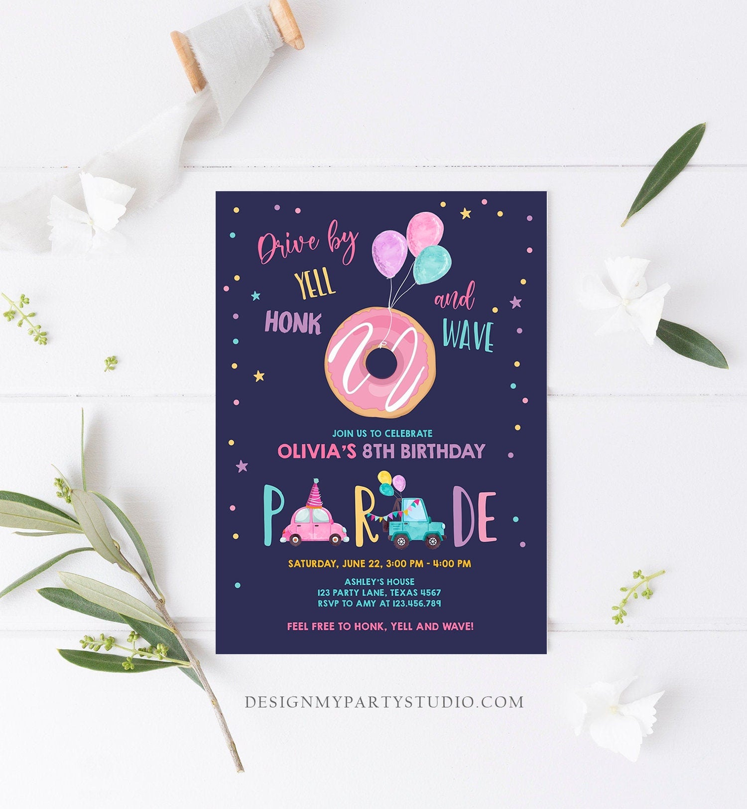 Editable Donut Drive By Birthday Parade Invitation Balloons Rainbow Party Honk Wave Car Girl Pink Drive Through Download Corjl Template 0343