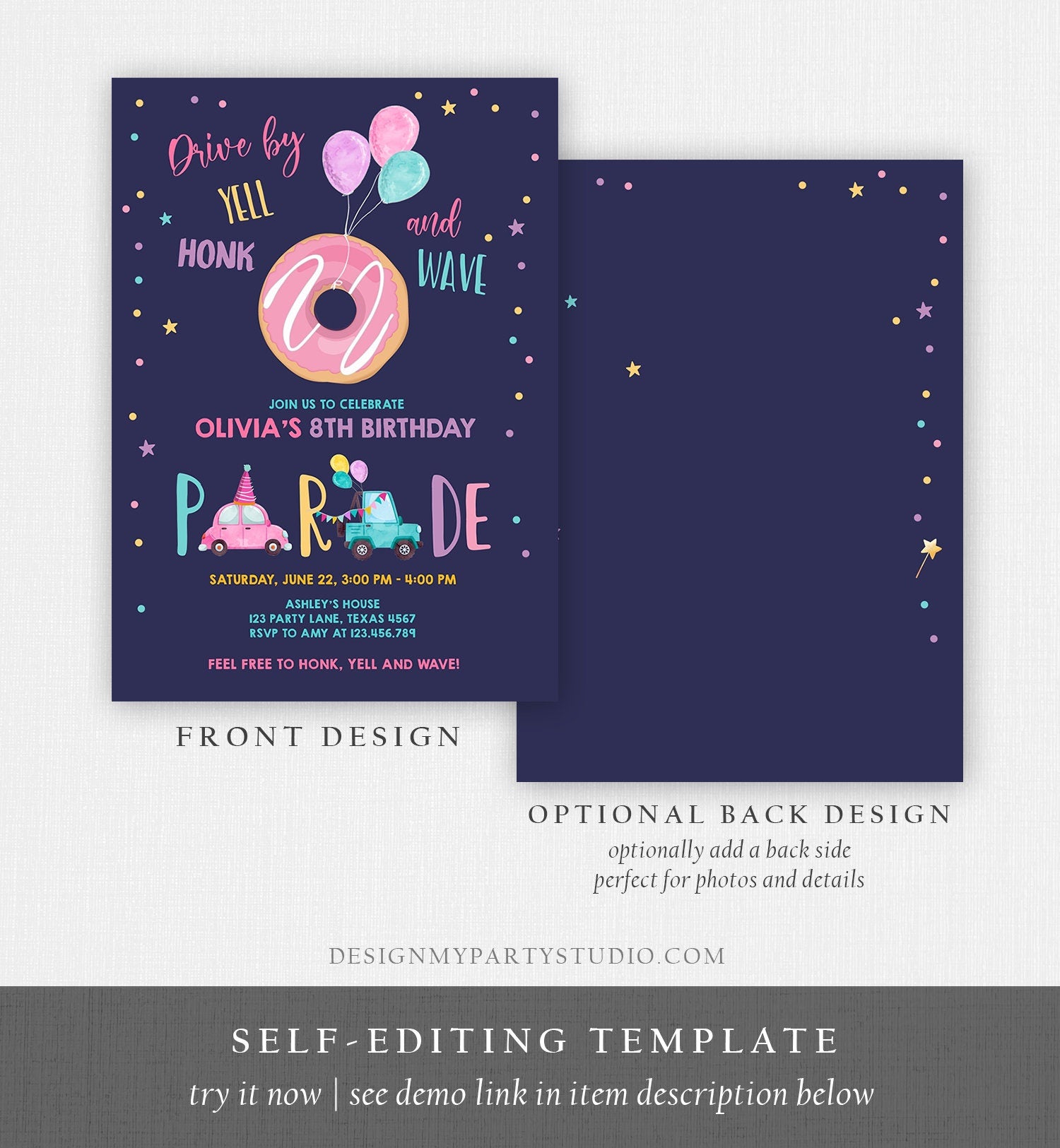 Editable Donut Drive By Birthday Parade Invitation Balloons Rainbow Party Honk Wave Car Girl Pink Drive Through Download Corjl Template 0343