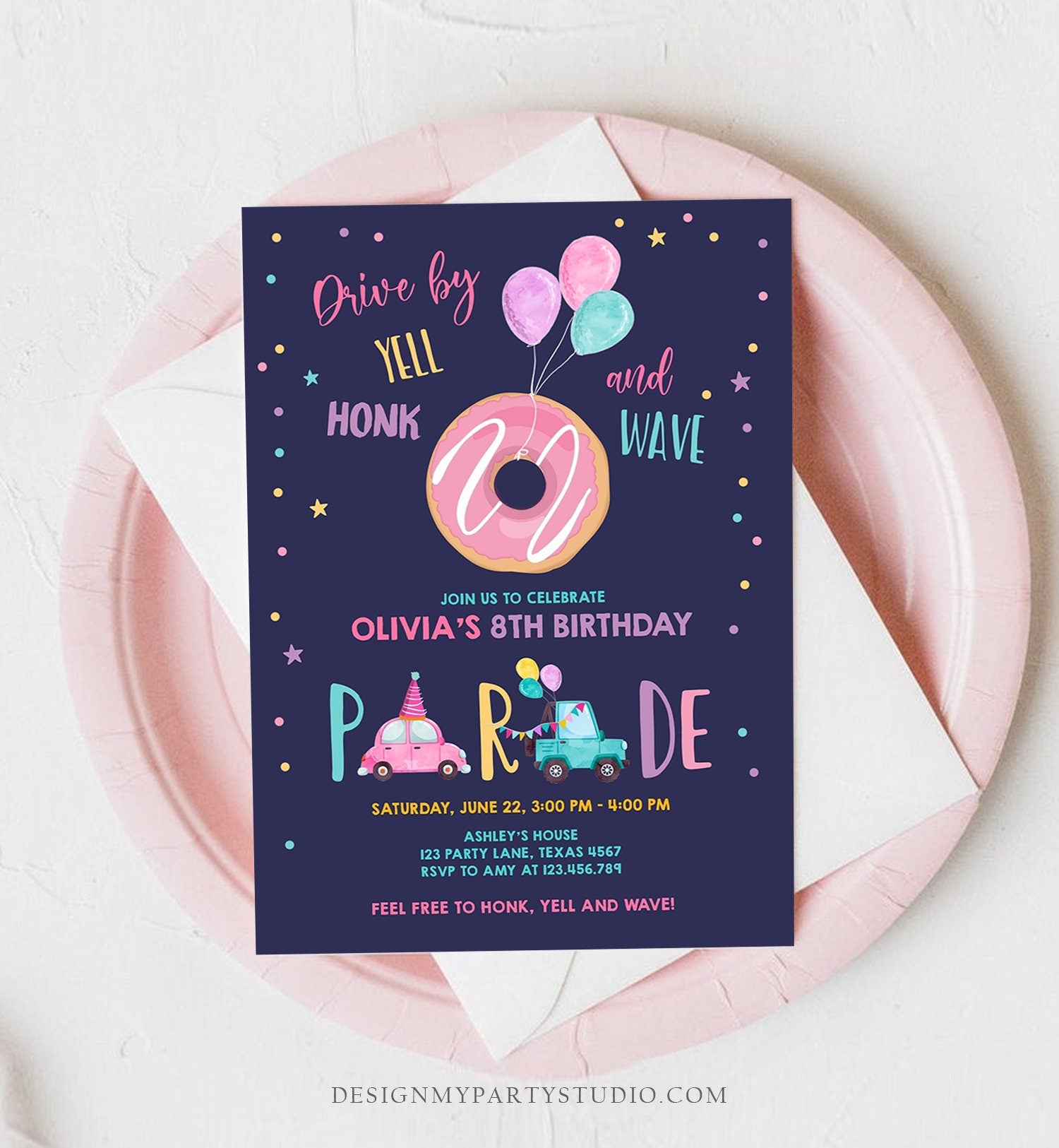 Editable Donut Drive By Birthday Parade Invitation Balloons Rainbow Party Honk Wave Car Girl Pink Drive Through Download Corjl Template 0343